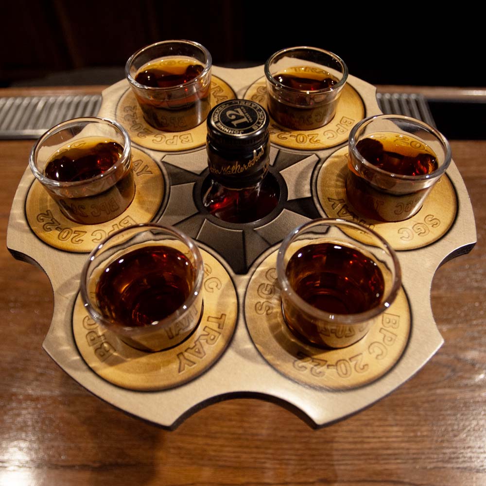6-Shooter Wood Shot Glass Serving Tray and Bottle Topper - "Revolver Cylinder" - Image 3