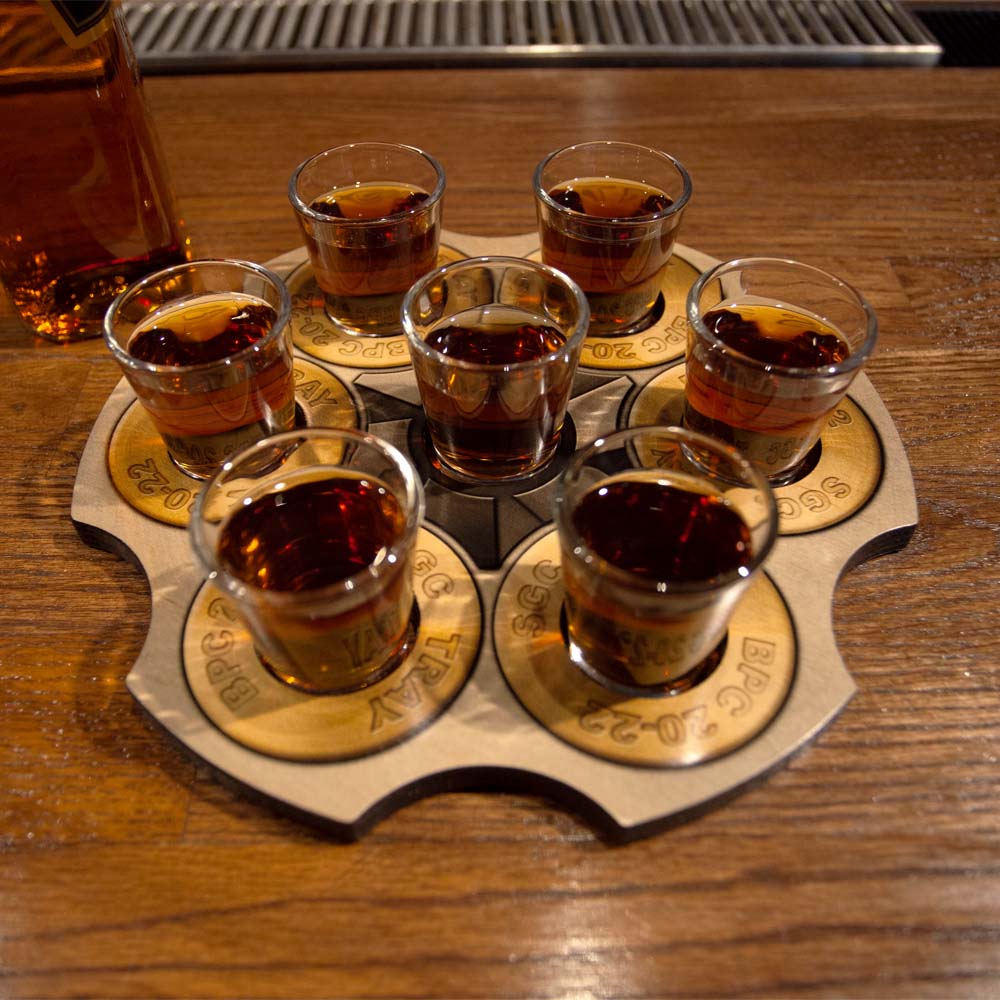 6-Shooter Wood Shot Glass Serving Tray and Bottle Topper - "Revolver Cylinder" - Image 4