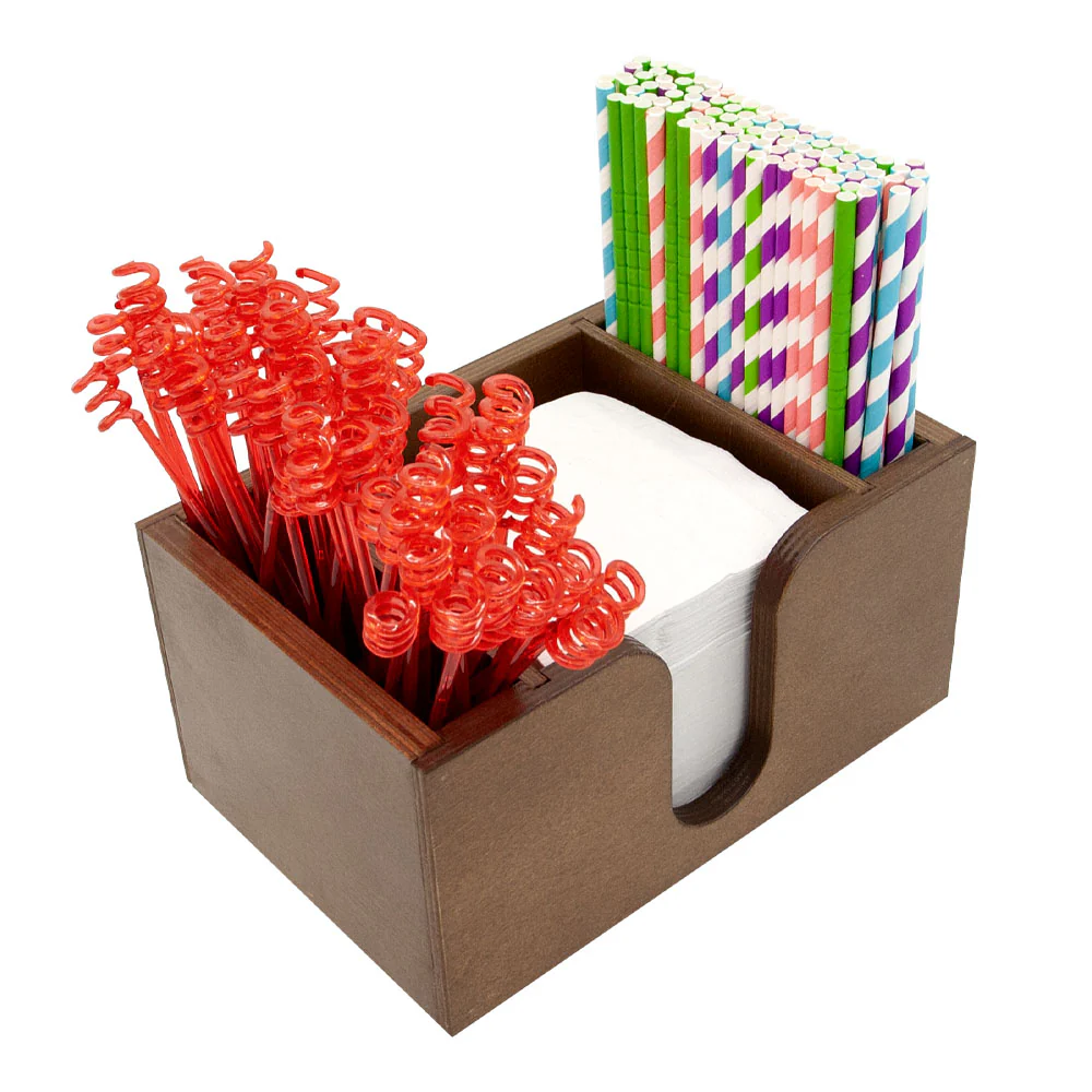 Wood Bar Caddy for Napkins, Straws, & Stirrers - Stained