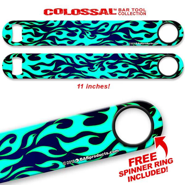 Teal Flames Kolorcoat™ 11" Long COLOSSAL™ Speed Bottle Opener