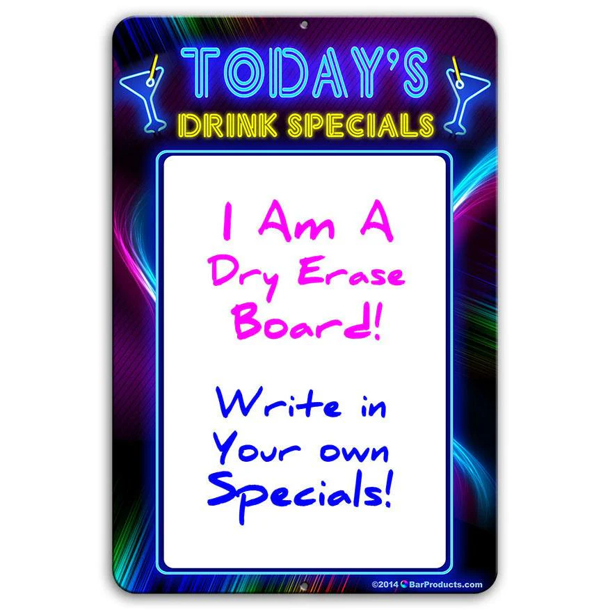 Today's Drink Specials - Dry Erase Metal Bar Signs - Neon Themed