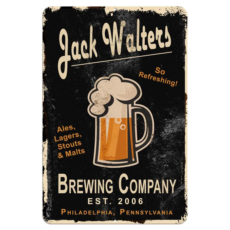 Vintage Metal Bar Sign - 12" x 18" - CUSTOMIZABLE Brewing Company (Black)