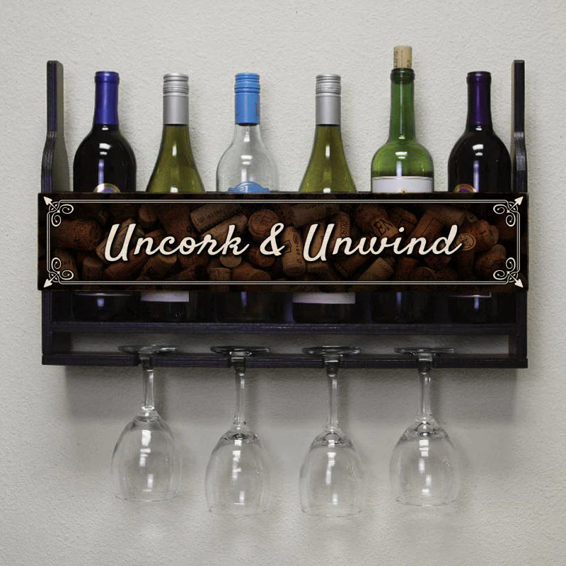 Wall Mounted Wine Bottle & Glass Hanging Shelf w/ Uncork & Unwind Plaque - Image 2