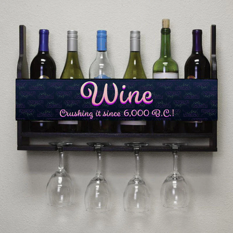 Wall Mounted Wine Bottle & Glass Hanging Shelf w/ Grapes Crushing It Plaque - Image 2