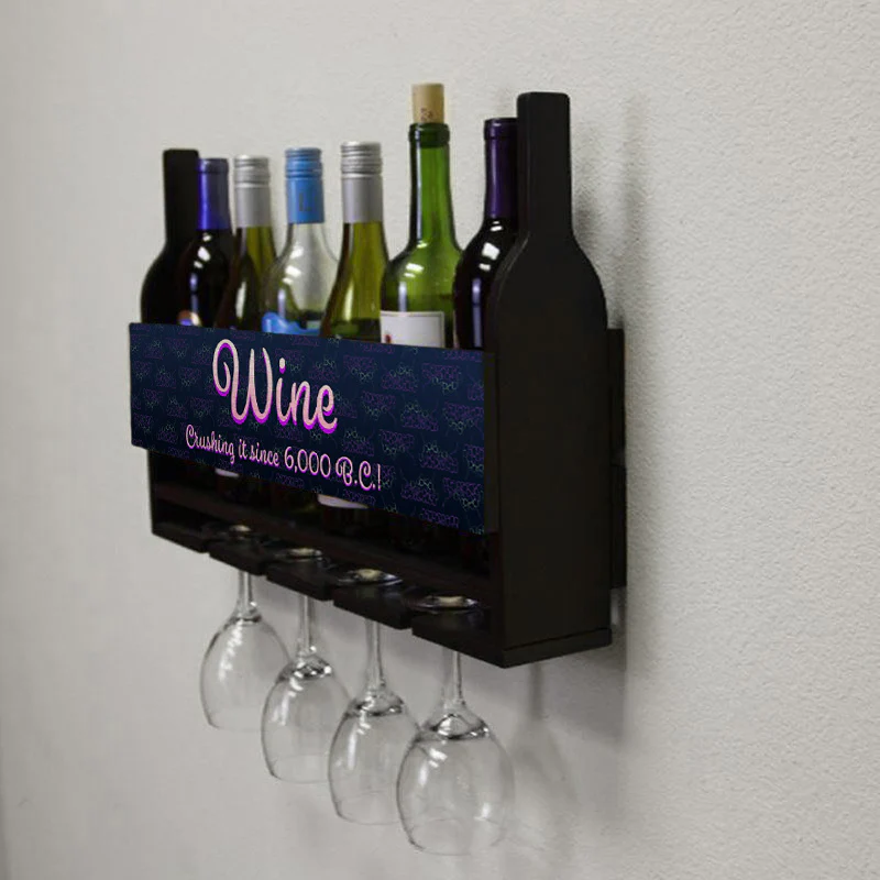 Wall Mounted Wine Bottle & Glass Hanging Shelf w/ Grapes Crushing It Plaque - Image 4
