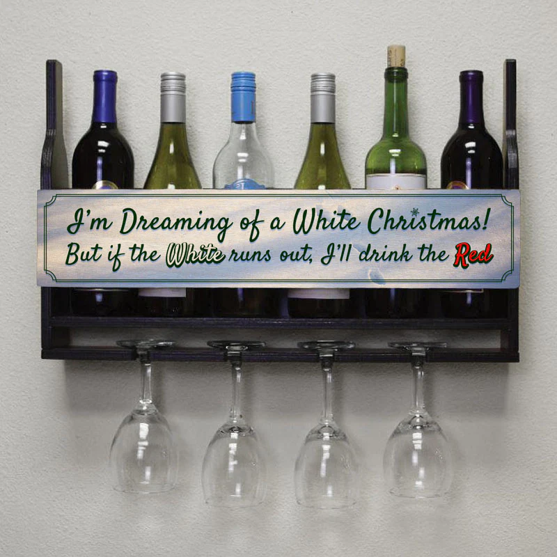 Wall Mounted Wine Bottle & Glass Hanging Shelf w/ White Christmas Plaque - Image 2