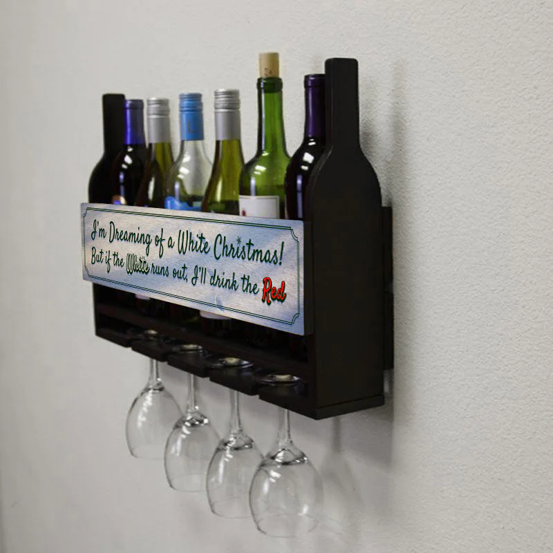 Wall Mounted Wine Bottle & Glass Hanging Shelf w/ White Christmas Plaque - Image 4
