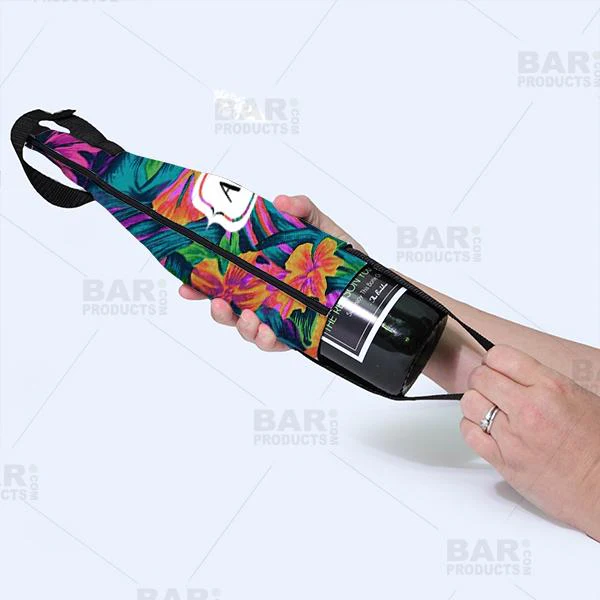 ADD YOUR NAME - Wine Bottle Cooler with Strap - Bright Tropical Floral - Image 3