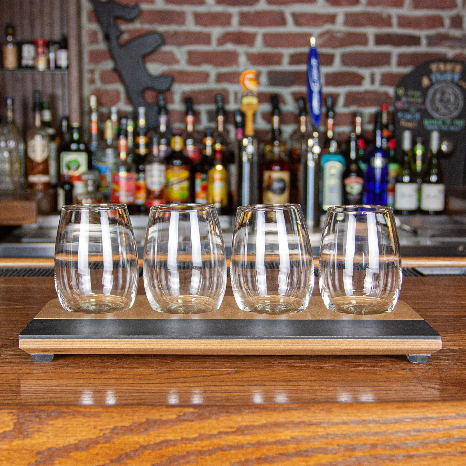 Wine Flight with Walnut Finish and Chalk Strip - Includes 12oz. Stemless Wine Glasses - Image 3