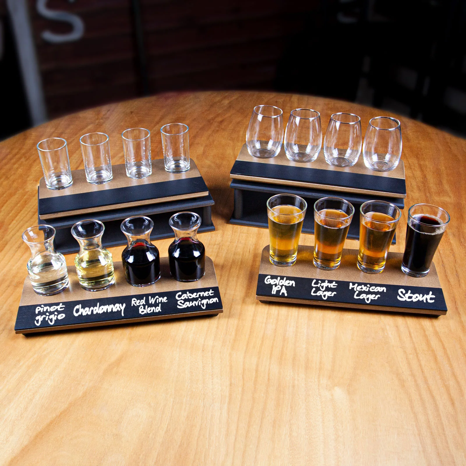 Wine Flight with Walnut Finish and Chalk Strip - Includes 7.5oz. Carafe Glasses - Image 6