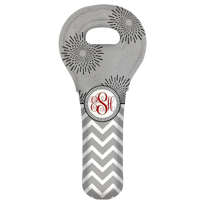 Wine Tote - Monogram Design - Gray Sunburst // Chevron - CUSTOMIZABLE