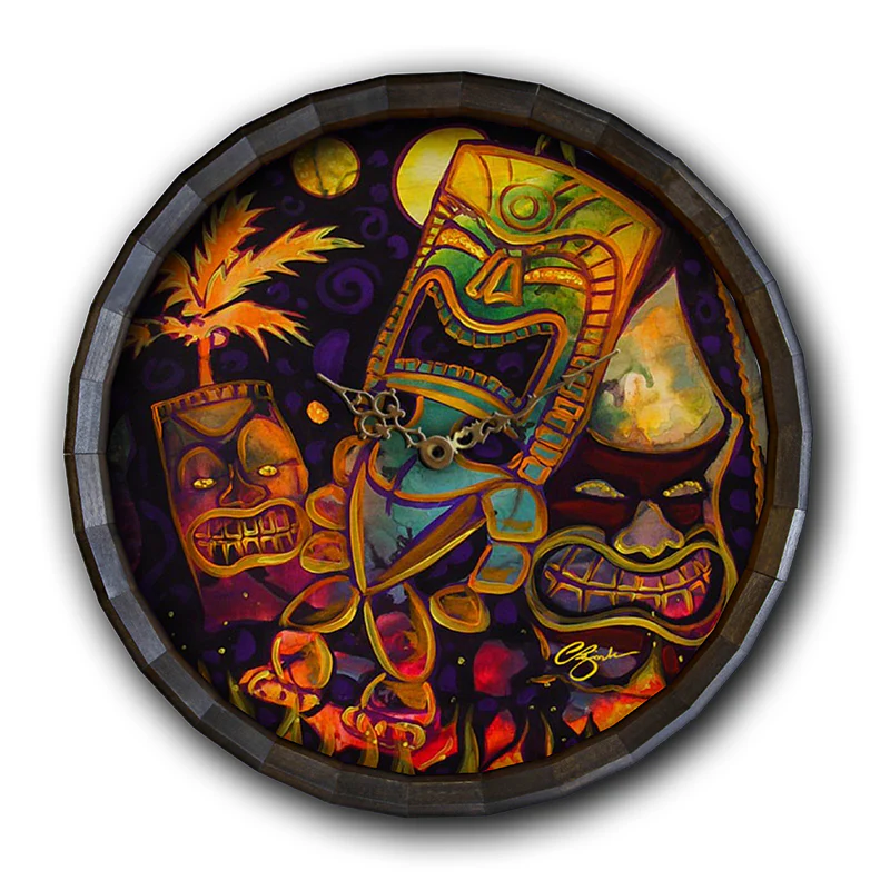 Wood Barrel Top Sign/Clock - Tiki Fire Night - Image 3
