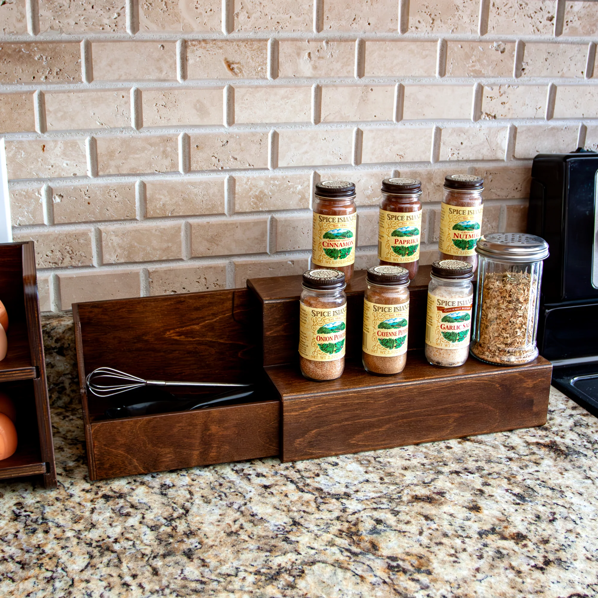 Wooden 2 Tier Shelf with Pull Out Storage for Space Saving - Dark Walnut Stain - 12 and 16 Inch - Handcrafted in the USA - Image 7