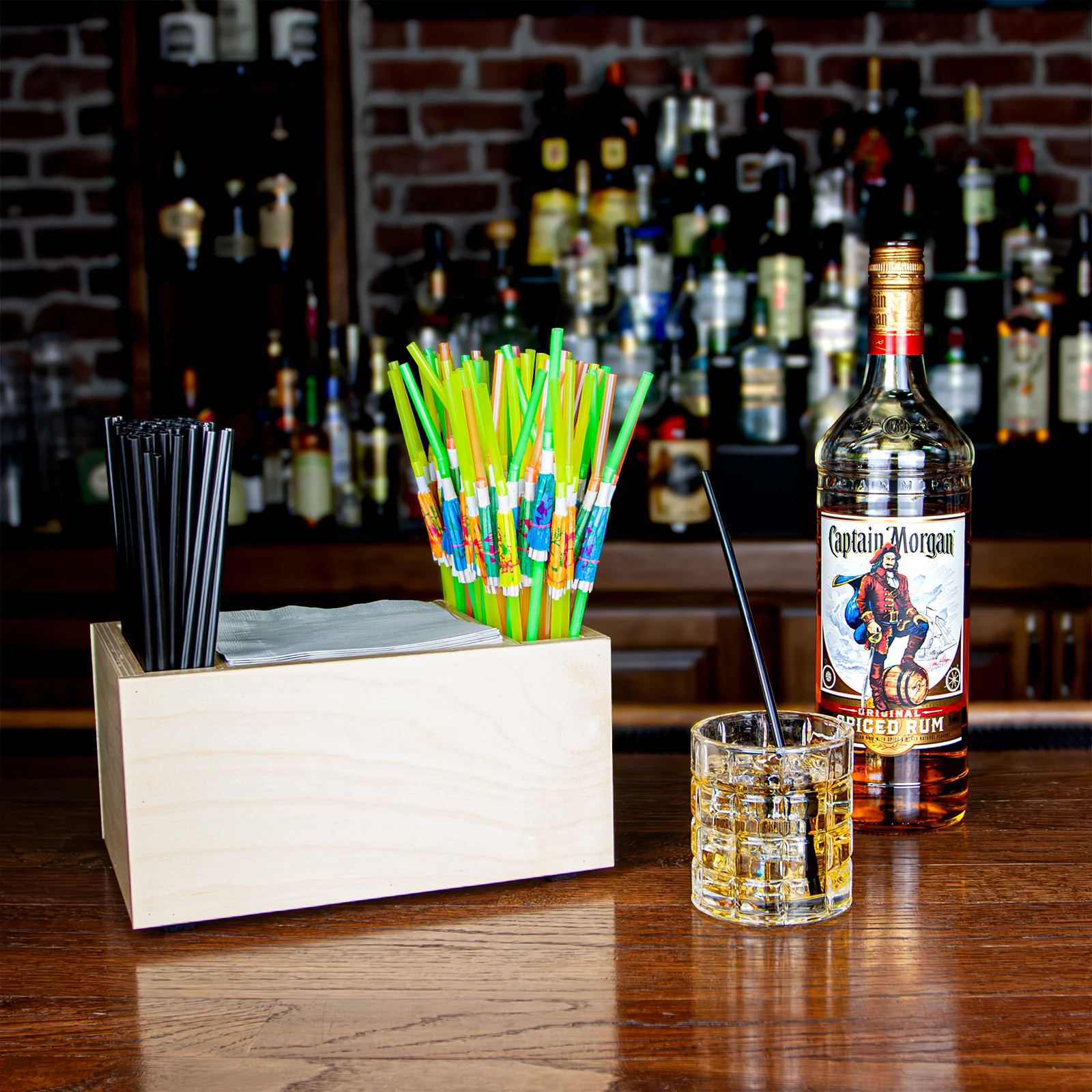 Wooden Bar Napkin & Straw Caddy - Natural Wood - Image 2