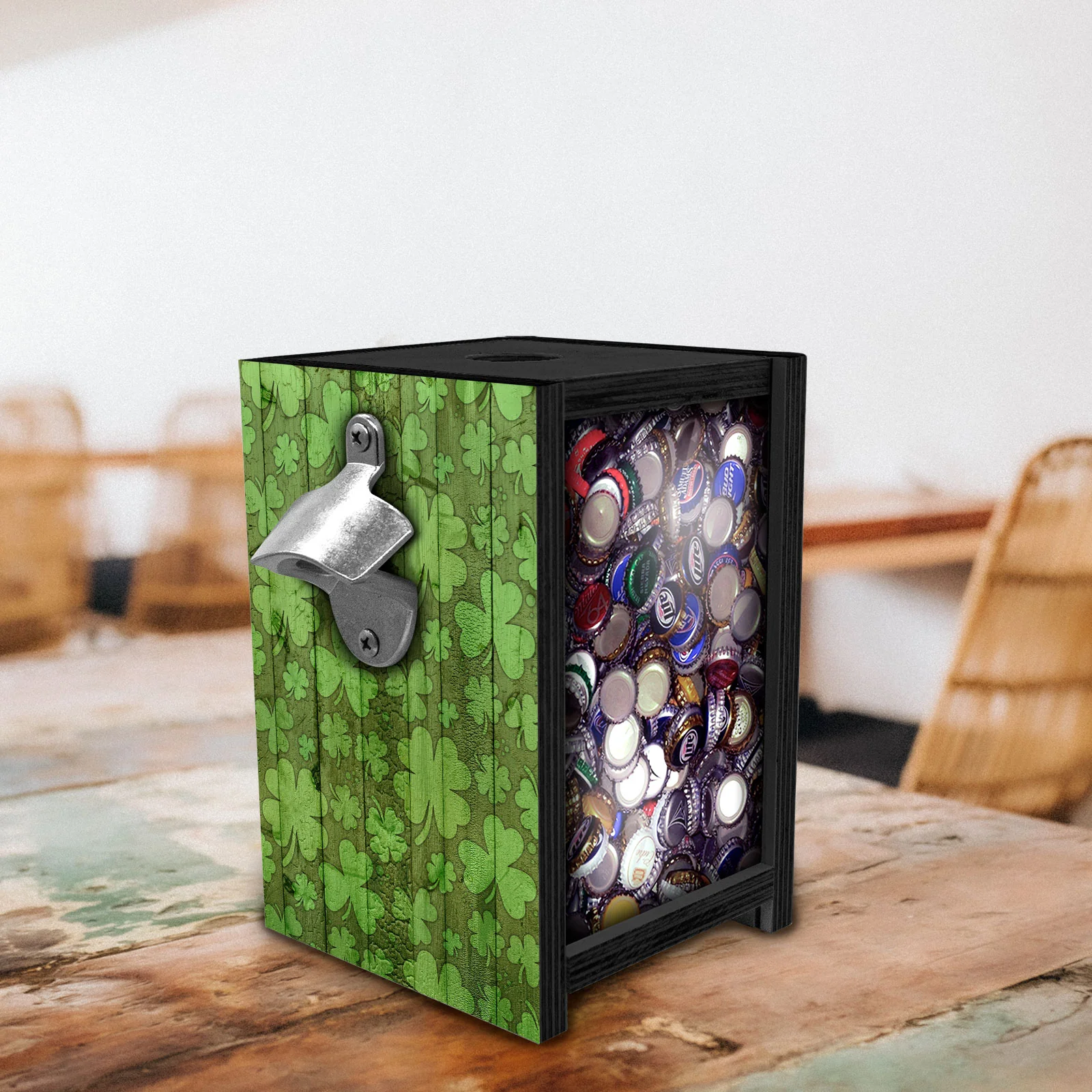 Wooden Bottle Cap Holder Box with Metal Bottle Opener - Black Stain - Custom Irish Pub Design - Image 2