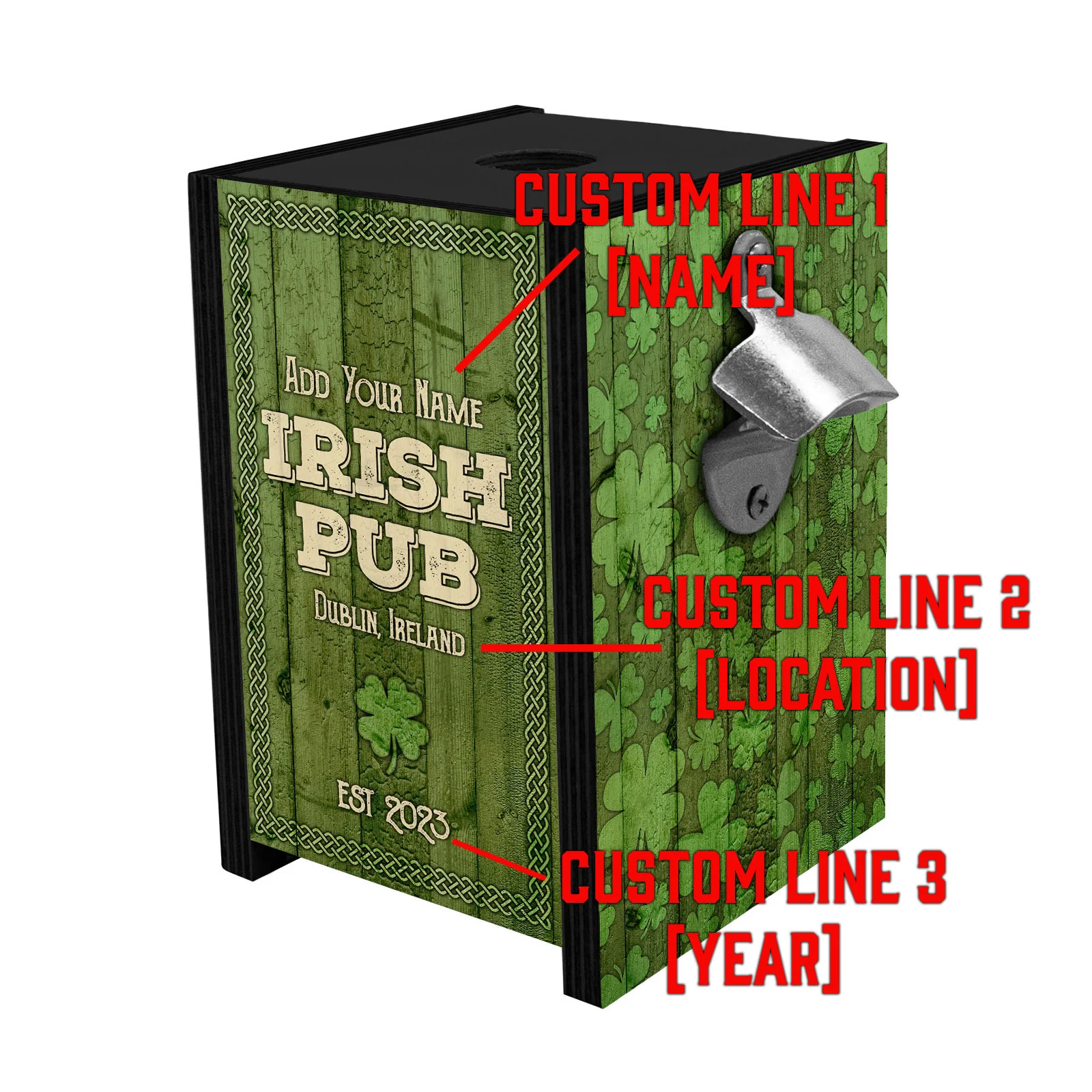Wooden Bottle Cap Holder Box with Metal Bottle Opener - Black Stain - Custom Irish Pub Design - Image 5