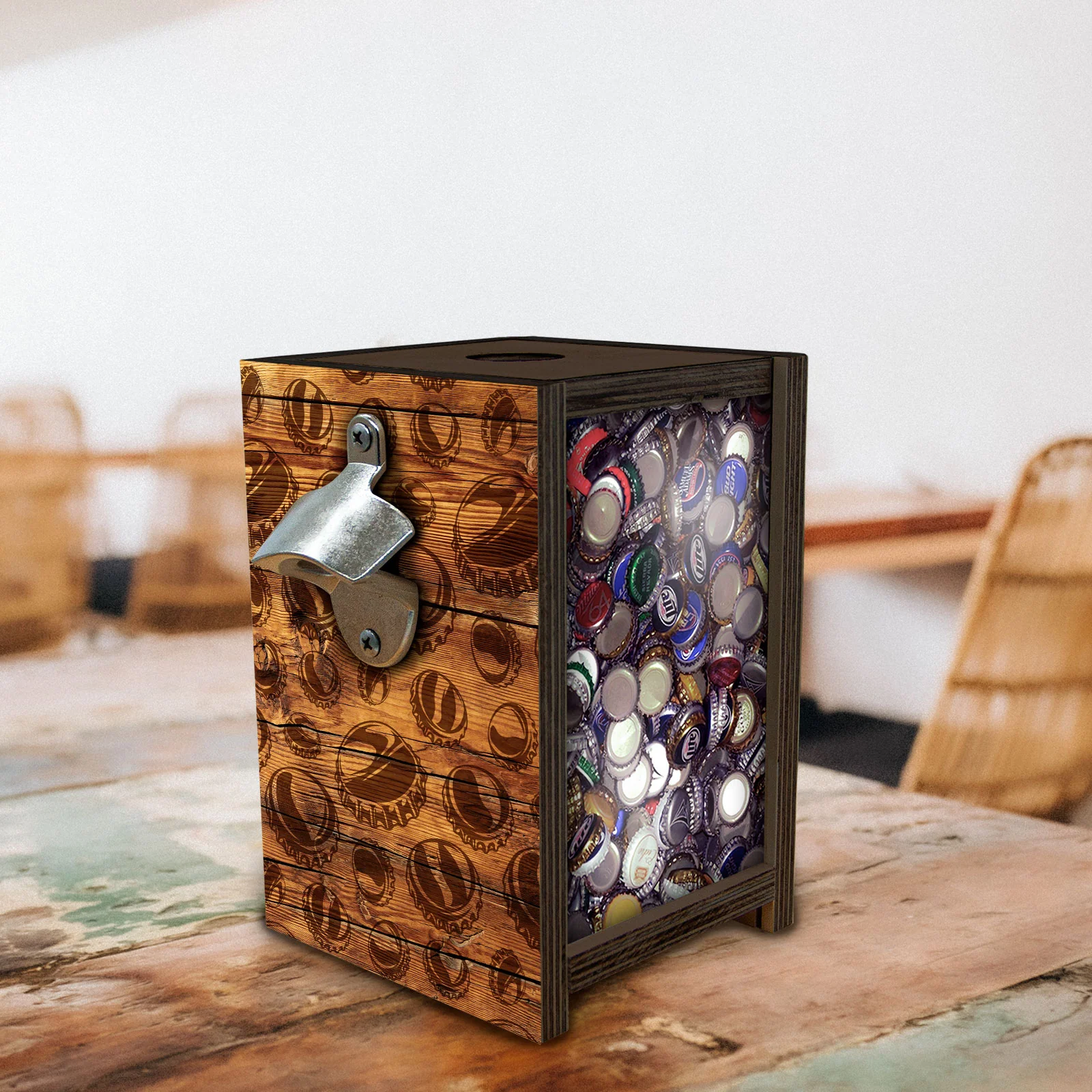 Wooden Bottle Cap Holder Box with Metal Bottle Opener - Walnut Stain - Custom Beer Cap Design - Image 2