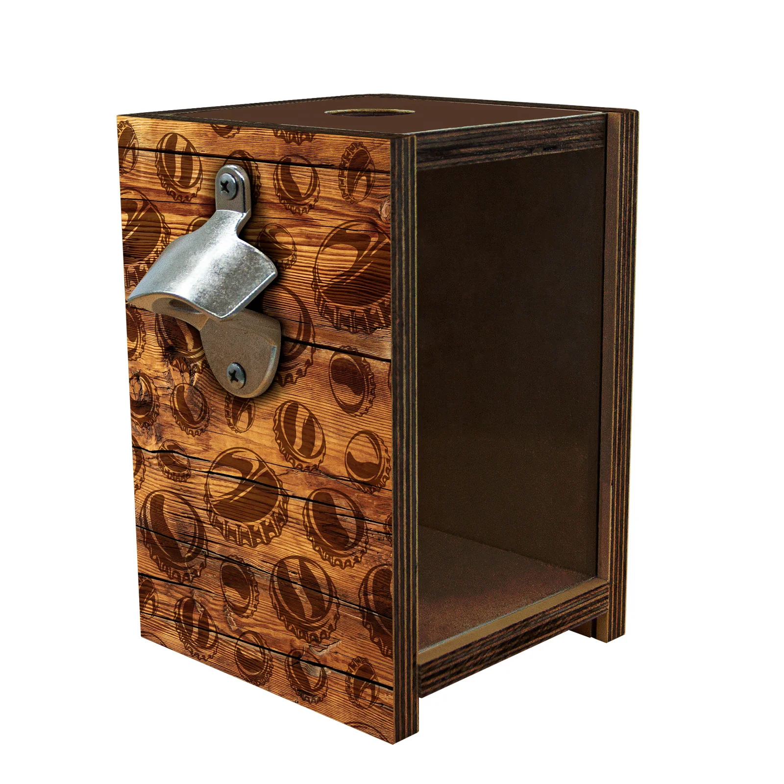 Wooden Bottle Cap Holder Box with Metal Bottle Opener - Walnut Stain - Custom Beer Cap Design - Image 3
