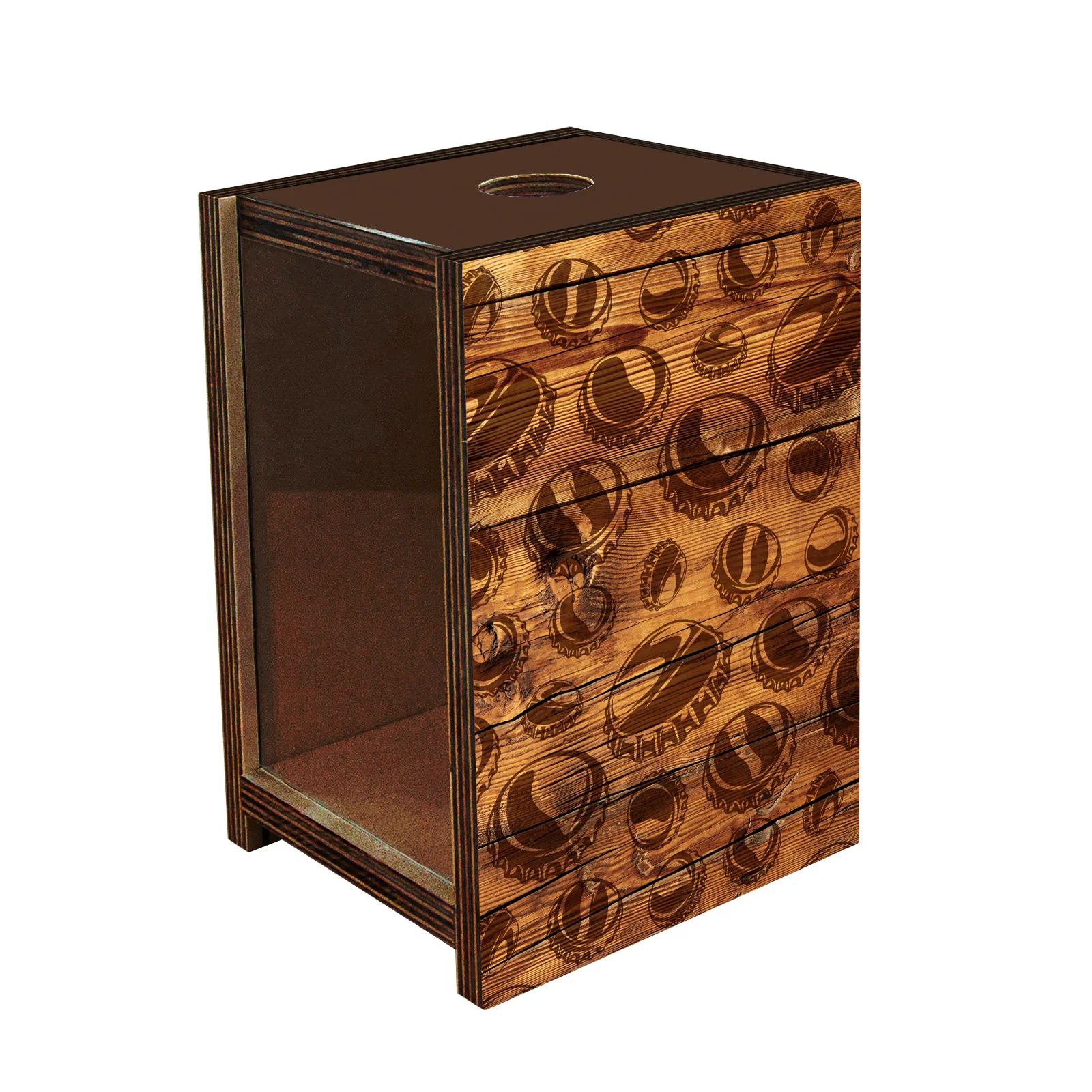Wooden Bottle Cap Holder Box with Metal Bottle Opener - Walnut Stain - Custom Beer Cap Design - Image 4