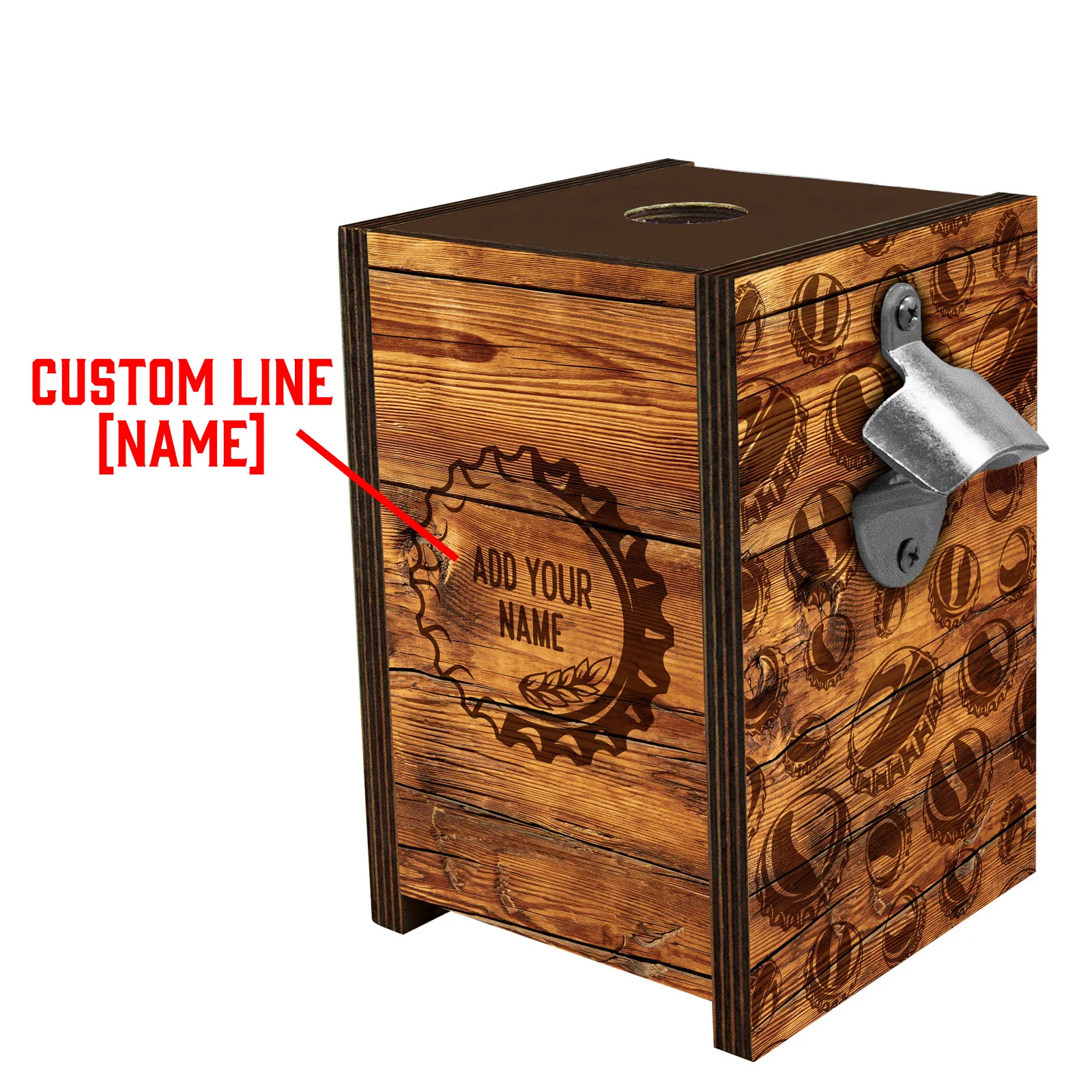 Wooden Bottle Cap Holder Box with Metal Bottle Opener - Walnut Stain - Custom Beer Cap Design - Image 5