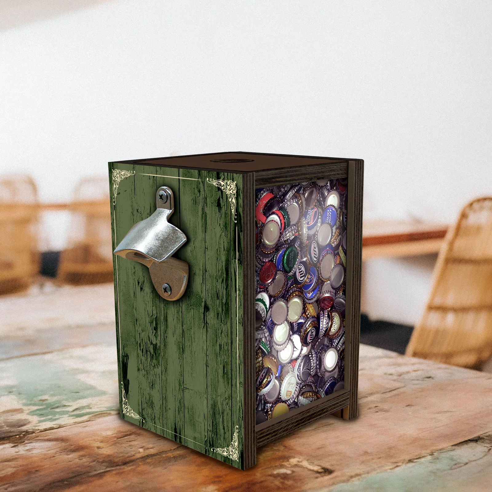 Wooden Bottle Cap Holder Box with Metal Bottle Opener - Walnut Stain - Custom Irish Pub Design - Image 2