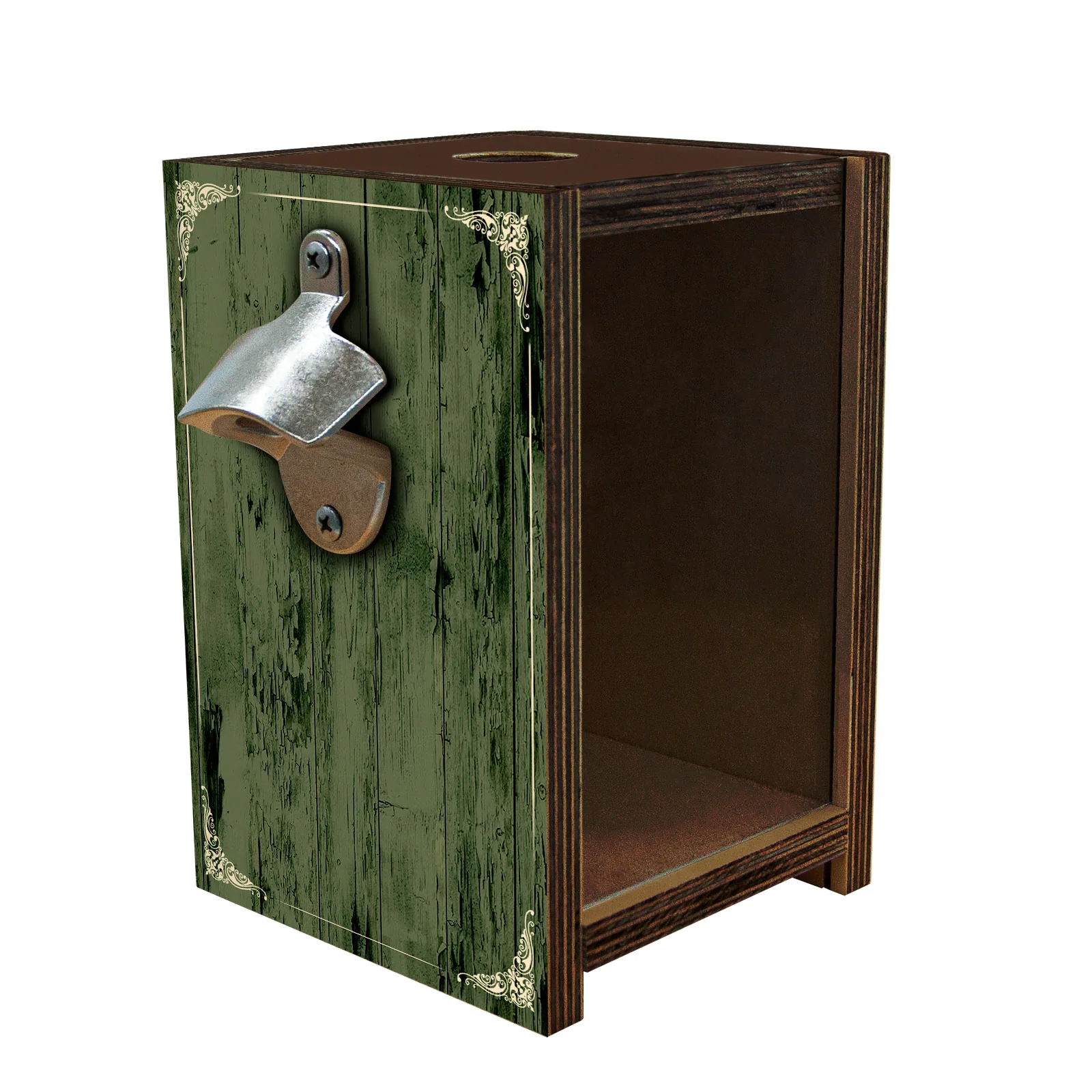 Wooden Bottle Cap Holder Box with Metal Bottle Opener - Walnut Stain - Custom Irish Pub Design - Image 3