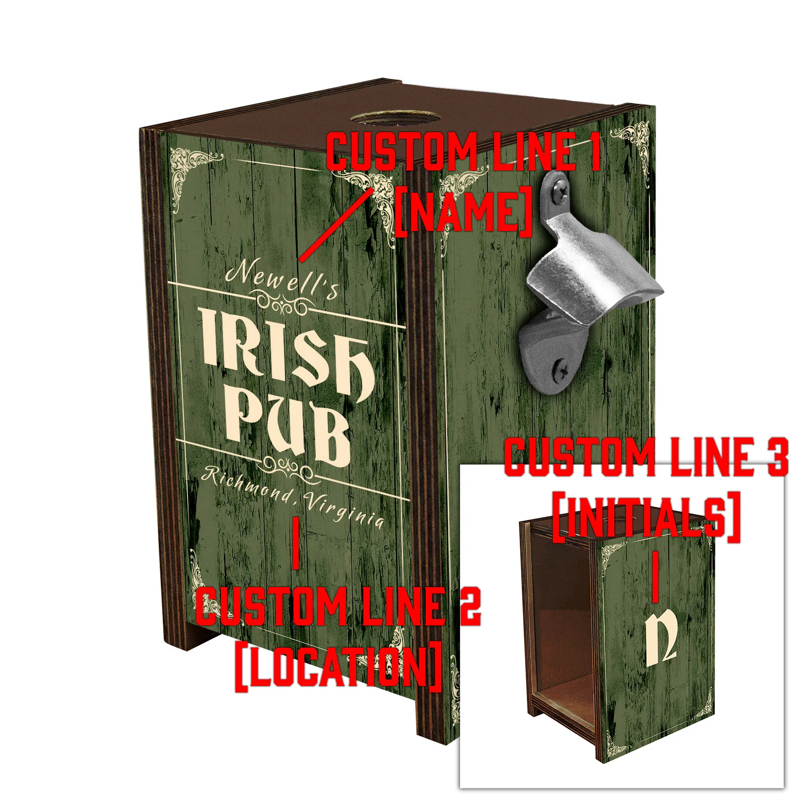 Wooden Bottle Cap Holder Box with Metal Bottle Opener - Walnut Stain - Custom Irish Pub Design - Image 5