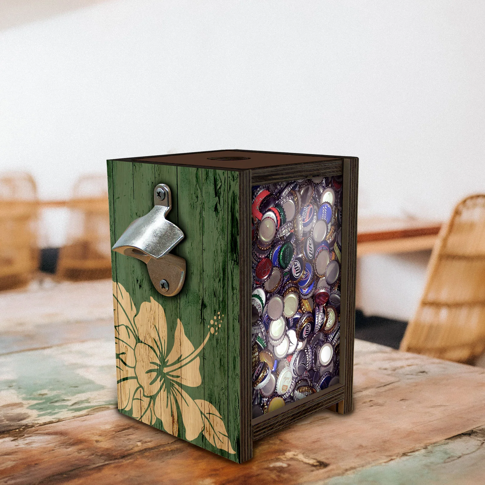 Wooden Bottle Cap Holder Box with Metal Bottle Opener - Walnut Stain - Custom Tiki Bar Design - Image 2