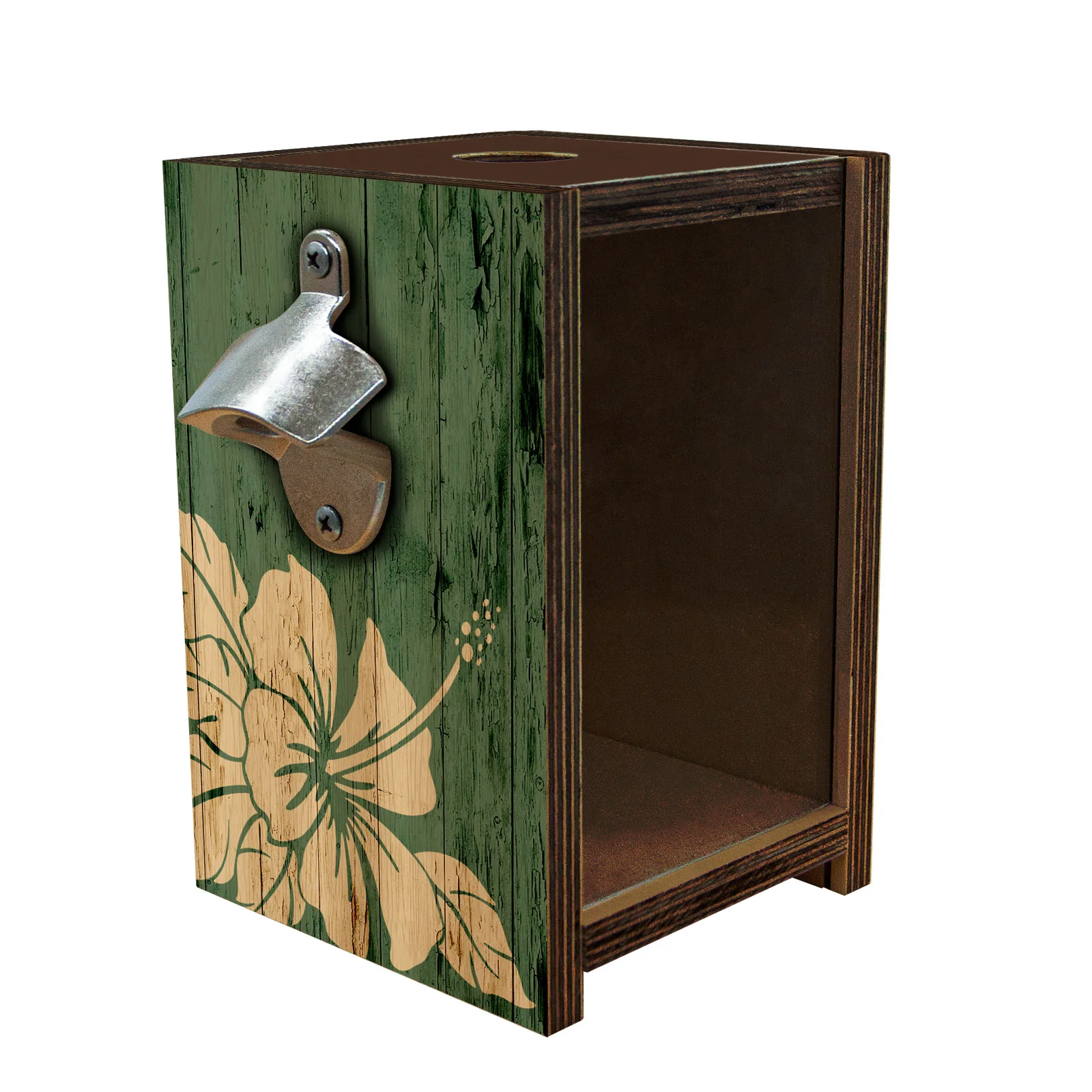 Wooden Bottle Cap Holder Box with Metal Bottle Opener - Walnut Stain - Custom Tiki Bar Design - Image 3