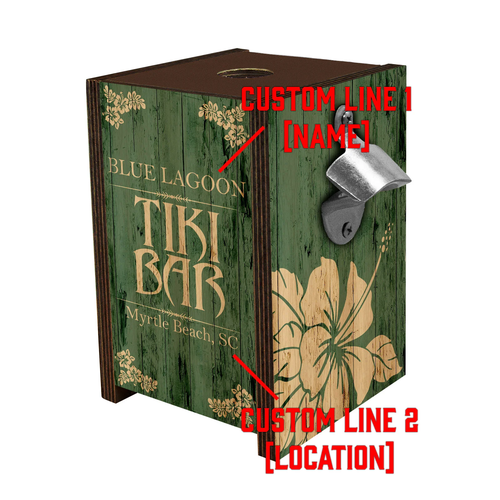 Wooden Bottle Cap Holder Box with Metal Bottle Opener - Walnut Stain - Custom Tiki Bar Design - Image 5