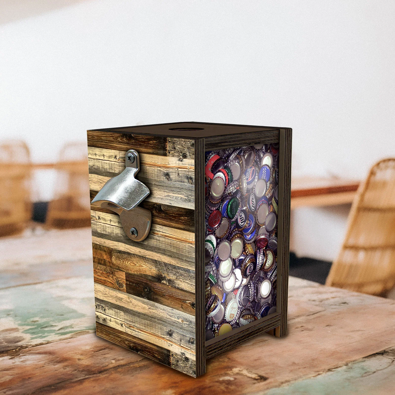 Wooden Bottle Cap Holder Box with Metal Bottle Opener - Walnut Stain - Wood Planks Design - Image 2