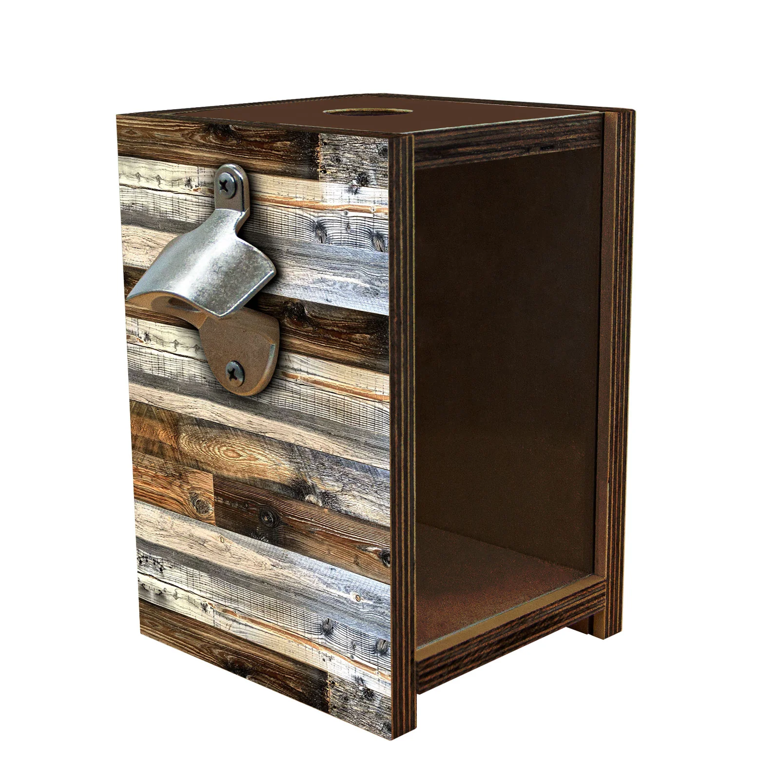 Wooden Bottle Cap Holder Box with Metal Bottle Opener - Walnut Stain - Wood Planks Design - Image 3