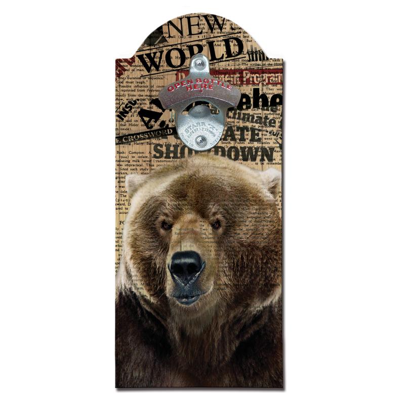 Wooden Bottle Opener with Magnetic Cap Catcher - Hipster Brown Bear