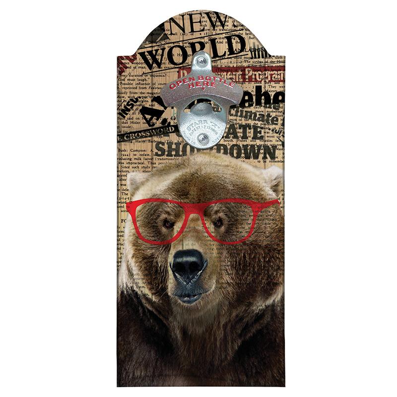 Wooden Bottle Opener with Magnetic Cap Catcher - Hipster Brown Bear - Image 2