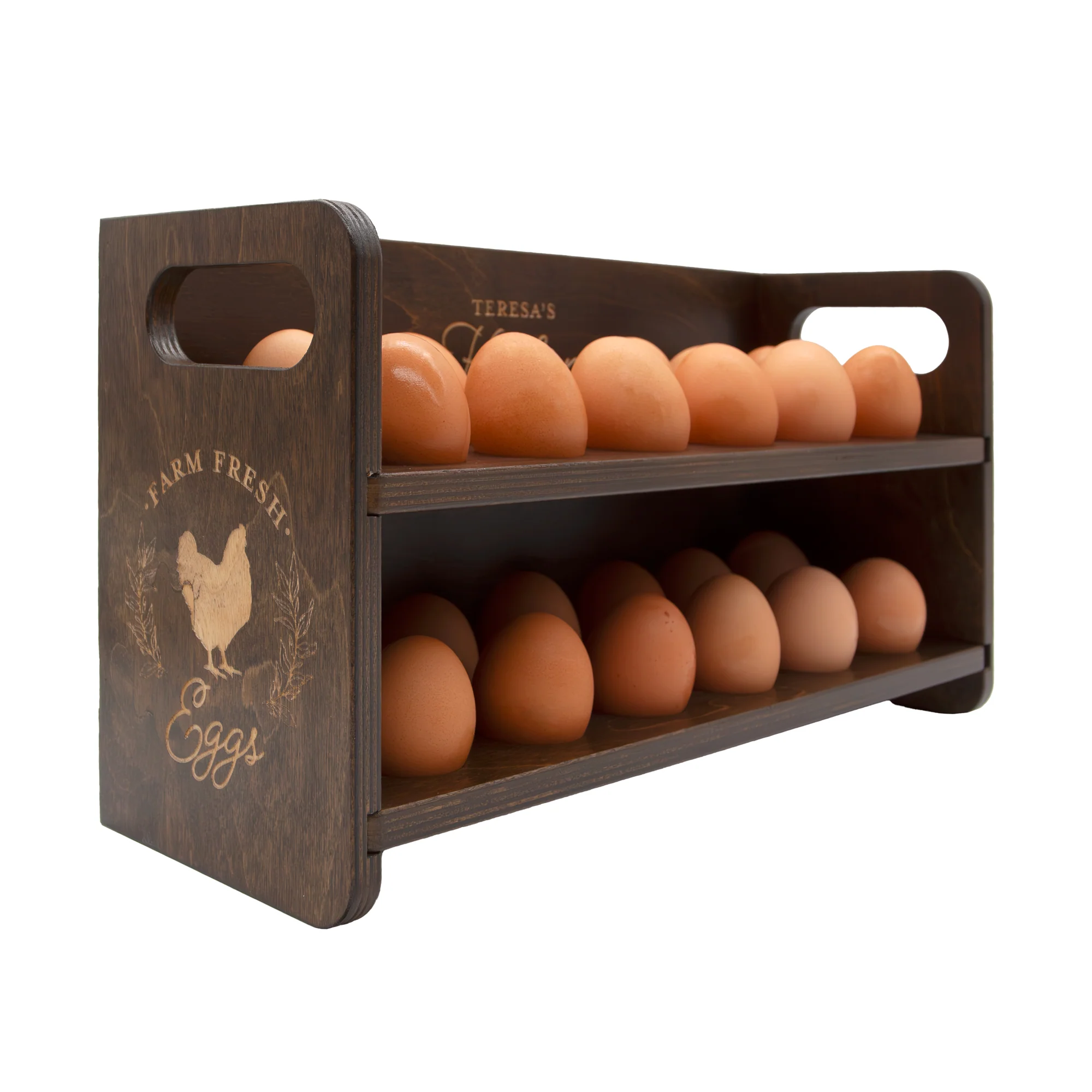 Wooden Egg Holder for 2 Dozen Eggs - Dark Walnut Stain With Laser Engraving - Customizable Farm Fresh Eggs - Handcrafted in the USA