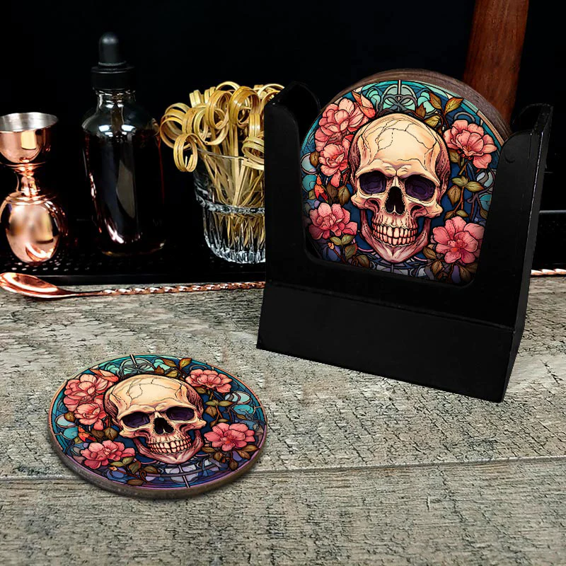 Wooden Round Coasters - Multiple Stained Glass Skulls Designs - Set of 4 W/ Wooden Caddy - Image 10