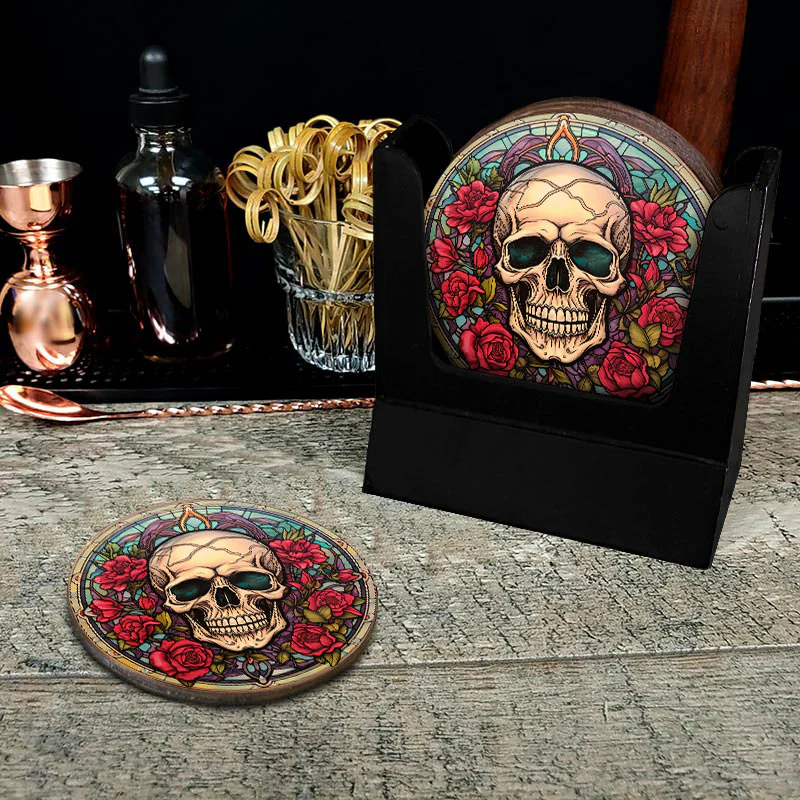 Wooden Round Coasters - Multiple Stained Glass Skulls Designs - Set of 4 W/ Wooden Caddy - Image 14