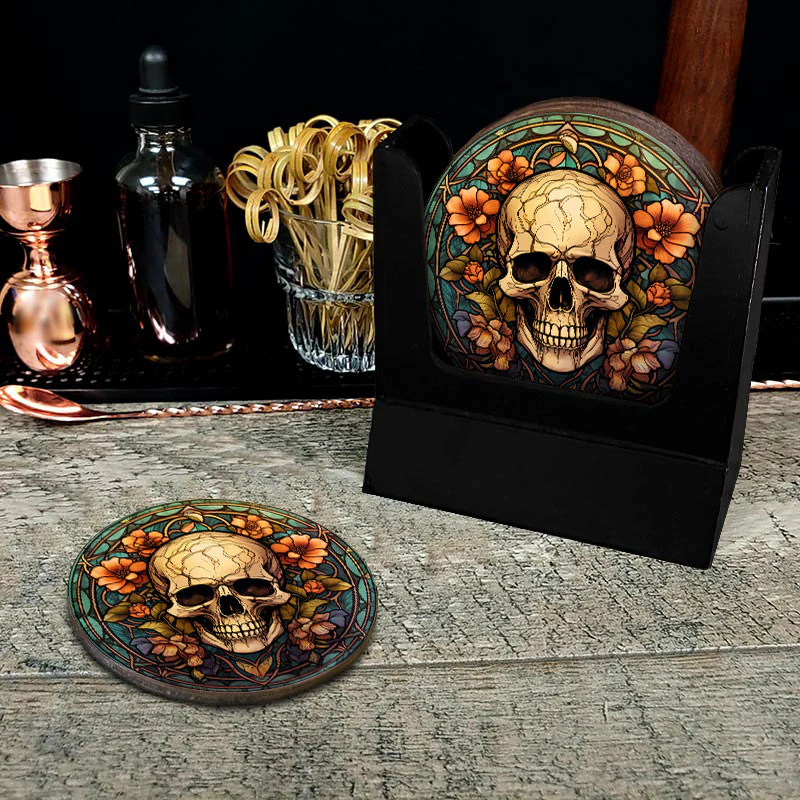 Wooden Round Coasters - Multiple Stained Glass Skulls Designs - Set of 4 W/ Wooden Caddy - Image 16