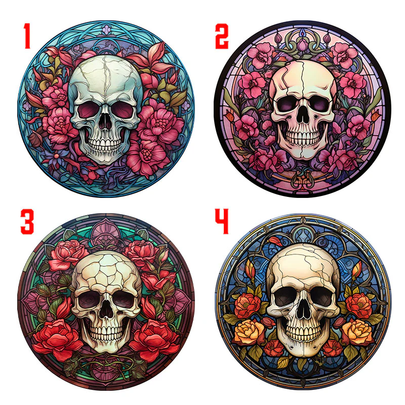 Wooden Round Coasters - Multiple Stained Glass Skulls Designs - Set of 4 W/ Wooden Caddy - Image 17
