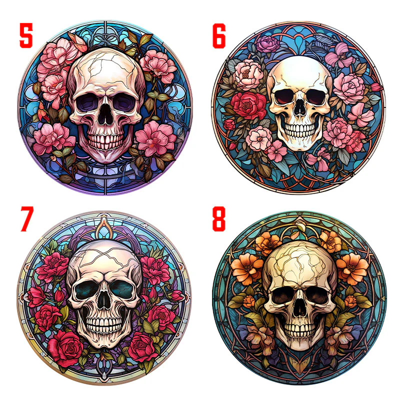 Wooden Round Coasters - Multiple Stained Glass Skulls Designs - Set of 4 W/ Wooden Caddy - Image 18