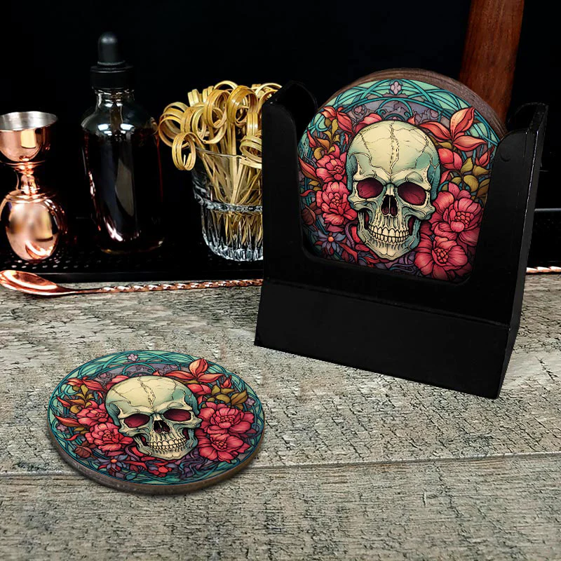 Wooden Round Coasters - Multiple Stained Glass Skulls Designs - Set of 4 W/ Wooden Caddy - Image 2