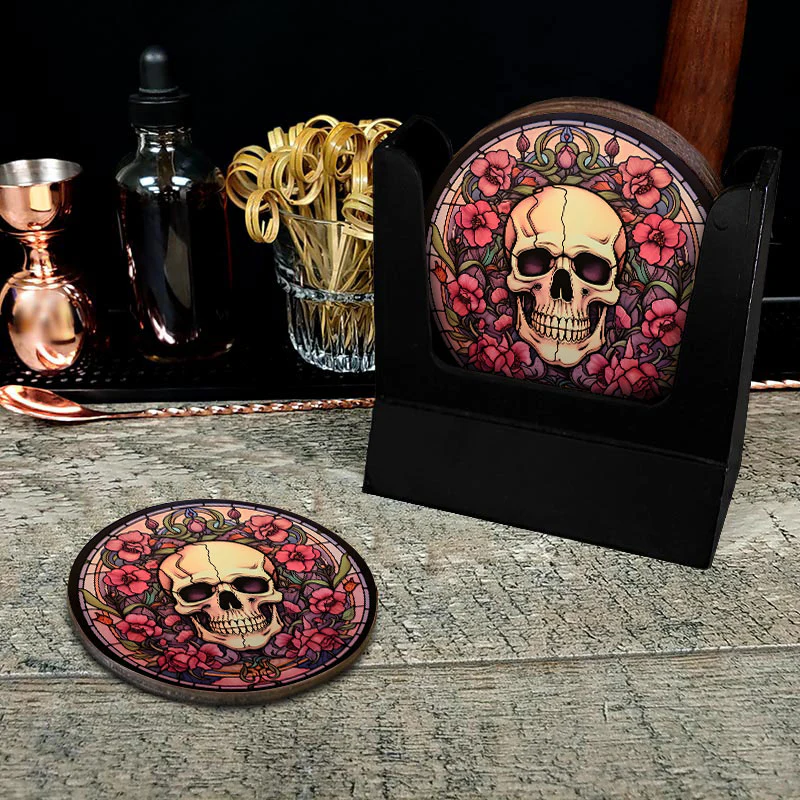 Wooden Round Coasters - Multiple Stained Glass Skulls Designs - Set of 4 W/ Wooden Caddy - Image 4