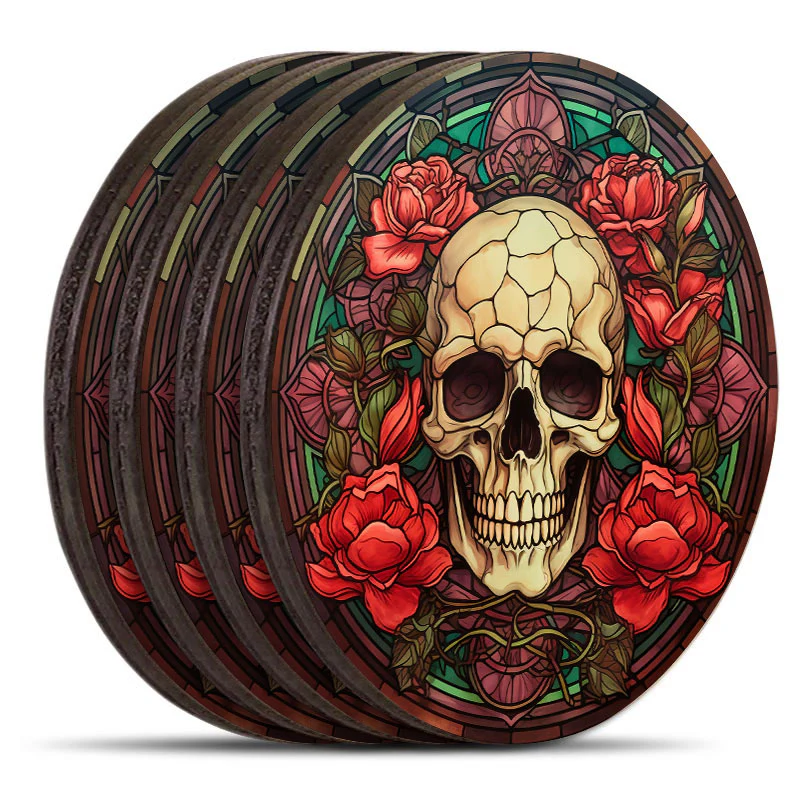 Wooden Round Coasters - Multiple Stained Glass Skulls Designs - Set of 4 W/ Wooden Caddy - Image 5