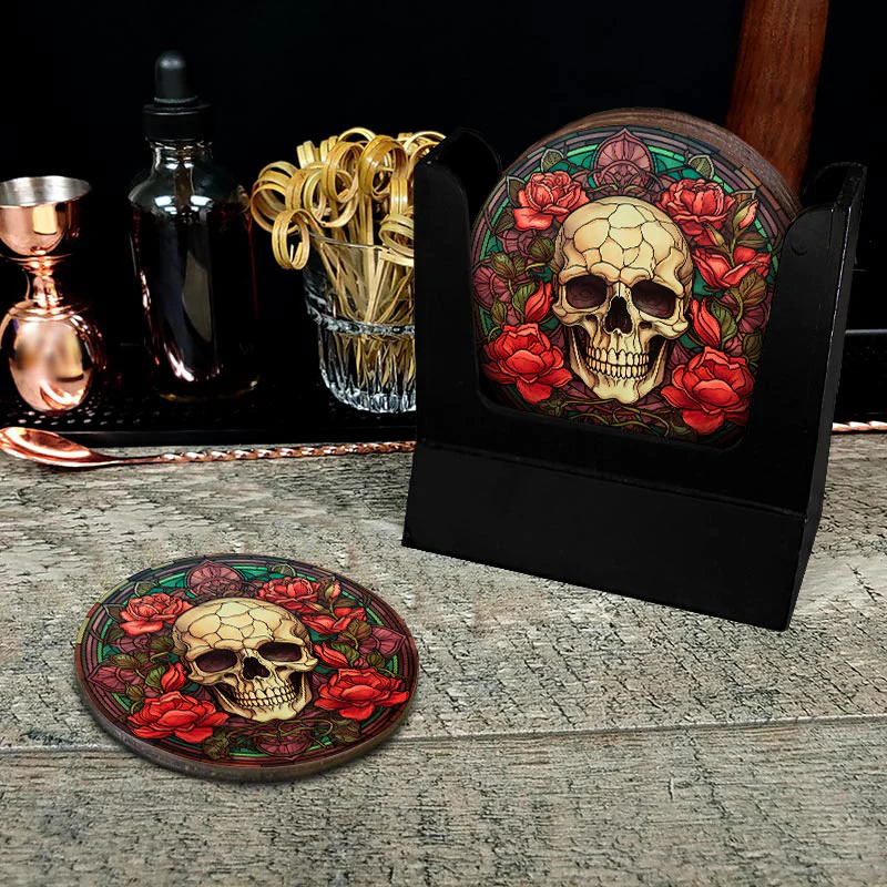 Wooden Round Coasters - Multiple Stained Glass Skulls Designs - Set of 4 W/ Wooden Caddy - Image 6