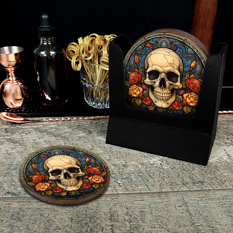 Wooden Round Coasters - Multiple Stained Glass Skulls Designs - Set of 4 W/ Wooden Caddy - Image 8