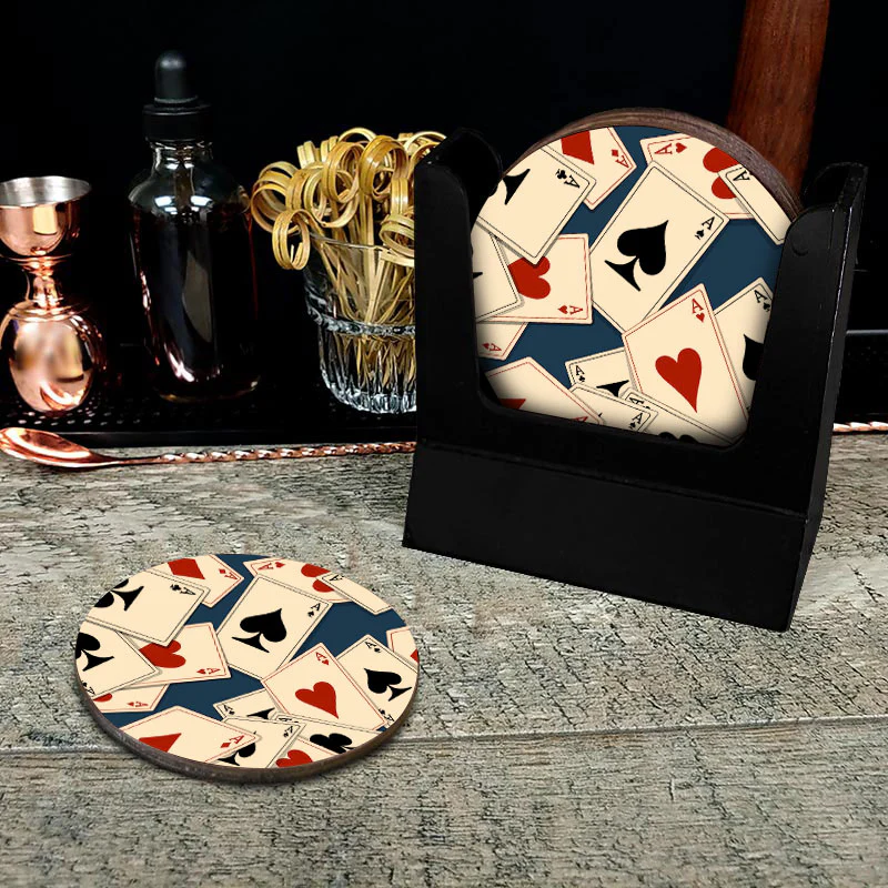 Wooden Round Coasters - Playing Cards - Set of 4 W/ Coaster Caddy - Image 2