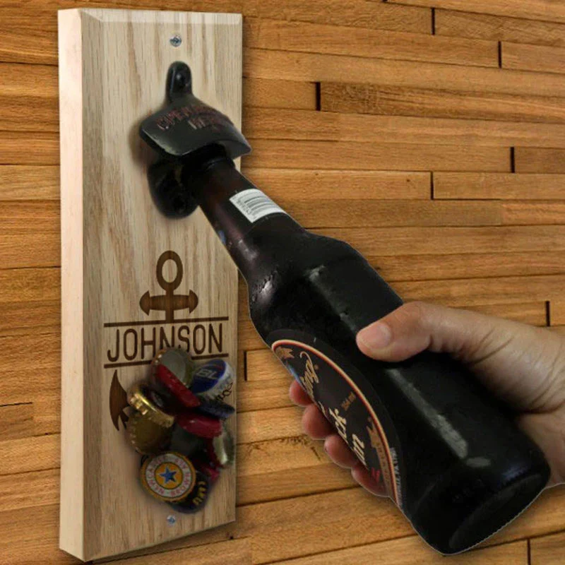 Wooden Wall Bottle Opener w/ Magnetic Cap Catcher - Custom Engraved Anchor Theme - Image 2