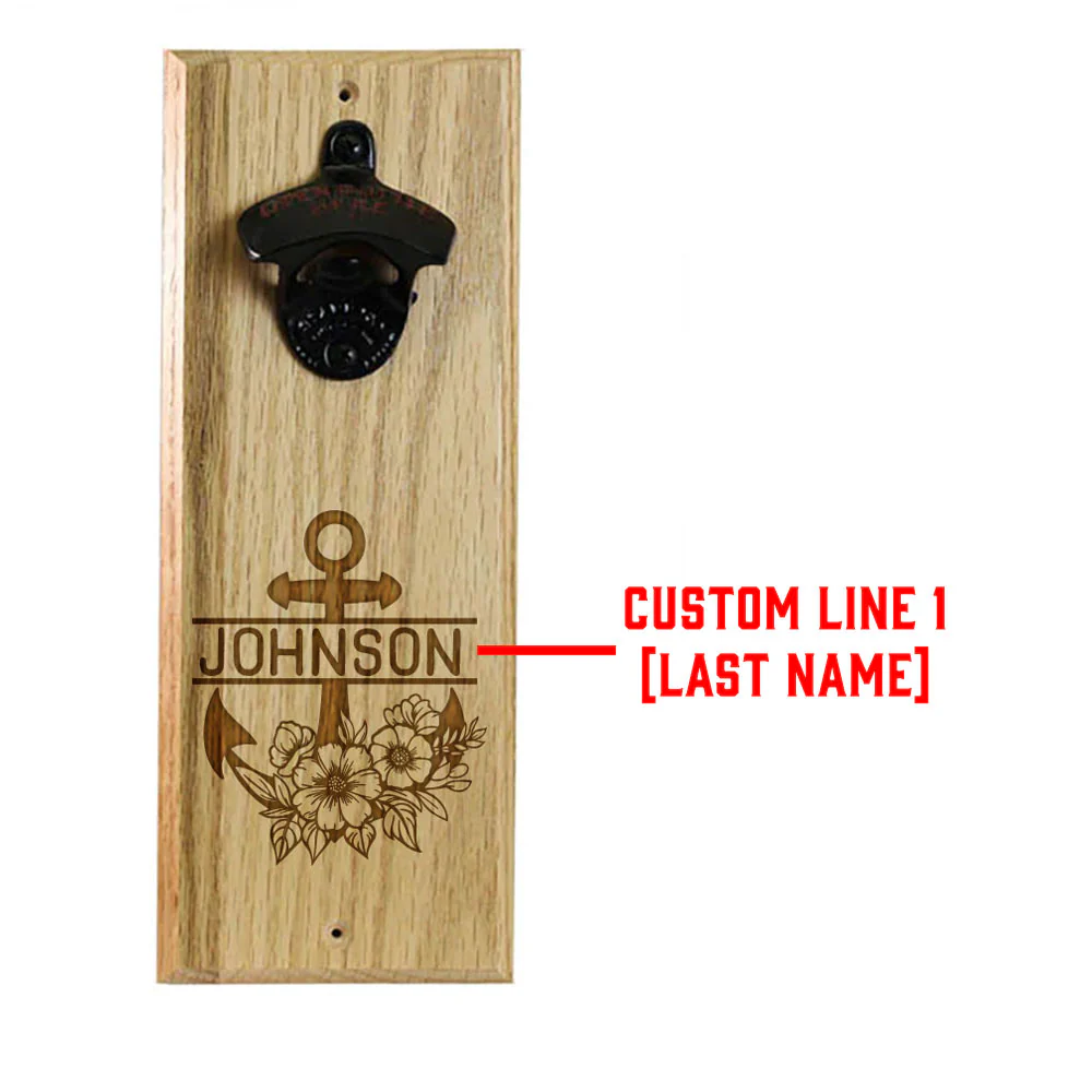 Wooden Wall Bottle Opener w/ Magnetic Cap Catcher - Custom Engraved Anchor Theme - Image 3