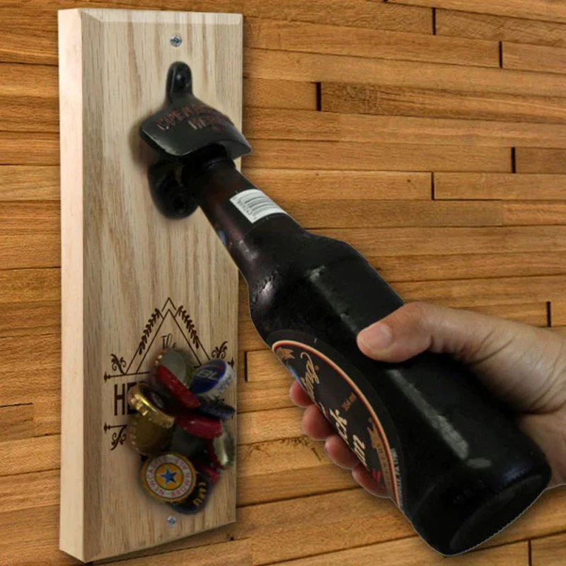Wooden Wall Bottle Opener w/ Magnetic Cap Catcher - Custom Engraved Family Name Floral Theme - Image 2