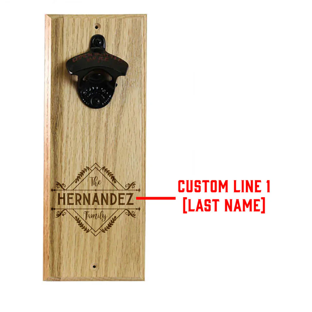 Wooden Wall Bottle Opener w/ Magnetic Cap Catcher - Custom Engraved Family Name Floral Theme - Image 3